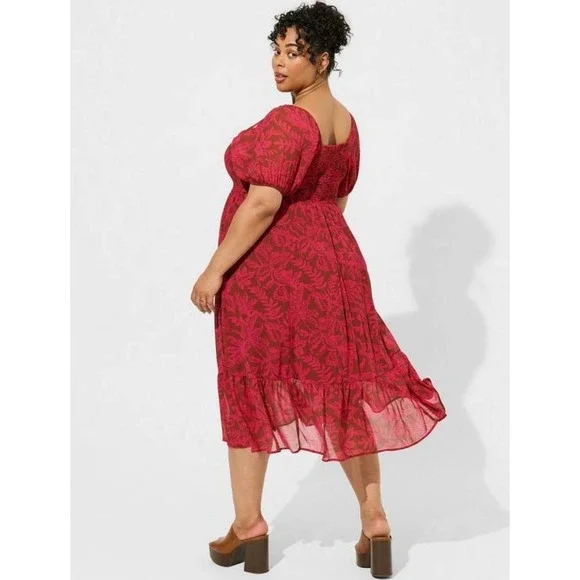 Torrid Women's Red Floral Tea Length Smocked Bodice A Line Midi Dress NWT - Picture 2 of 5